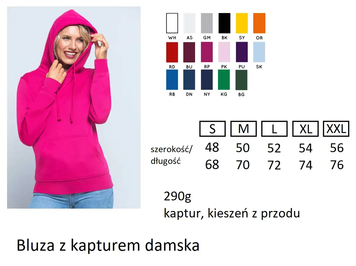 Damska bluza z kapturem w rozmiarze 50 (XXL) ma 56 cm szerokości i 76 cm długości. Dostępna w wielu kolorach.