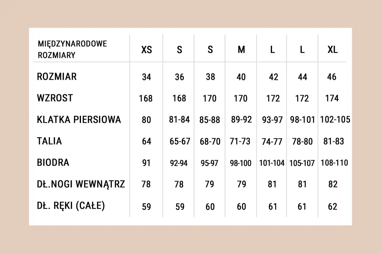 Tabela rozmiarów: wzrost 170 cm to jaki to rozmiar? Wzrost 170 cm odpowiada rozmiarom S/M, z obwodem klatki 85-92 cm, talii 68-73 cm i bioder 95-100 cm.