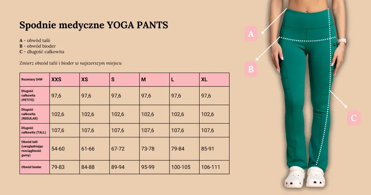 Tabela rozmiarów spodni medycznych YOGA PANTS. Rozmiar 28 spodnie damskie jaki to rozmiar? Sprawdź obwód talii i bioder.