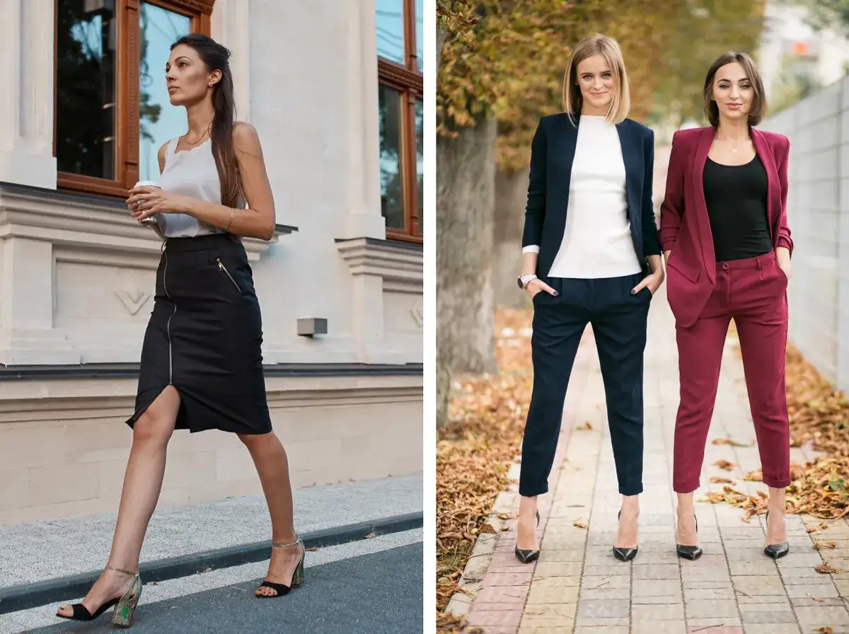 Eleganckie stylizacje dla kobiet: czarna spódnica z zamkiem i garnitury w granacie i bordo. Idealne, jak się ubrać na imprezę firmową.
