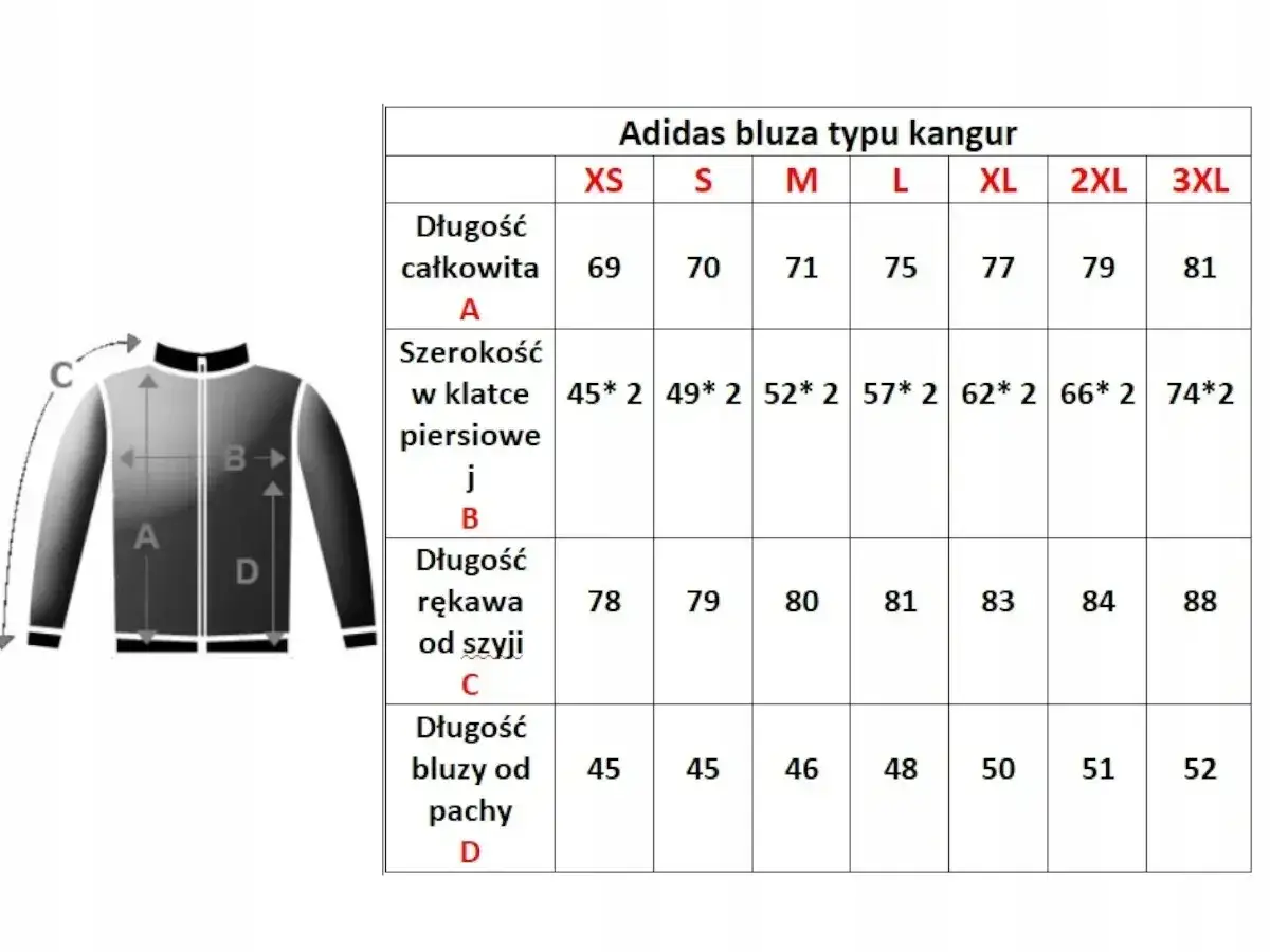 Tabela rozmiarów bluzy Adidas kangur. Długość całkowita dla rozmiaru męskiego 58 to 81 cm.