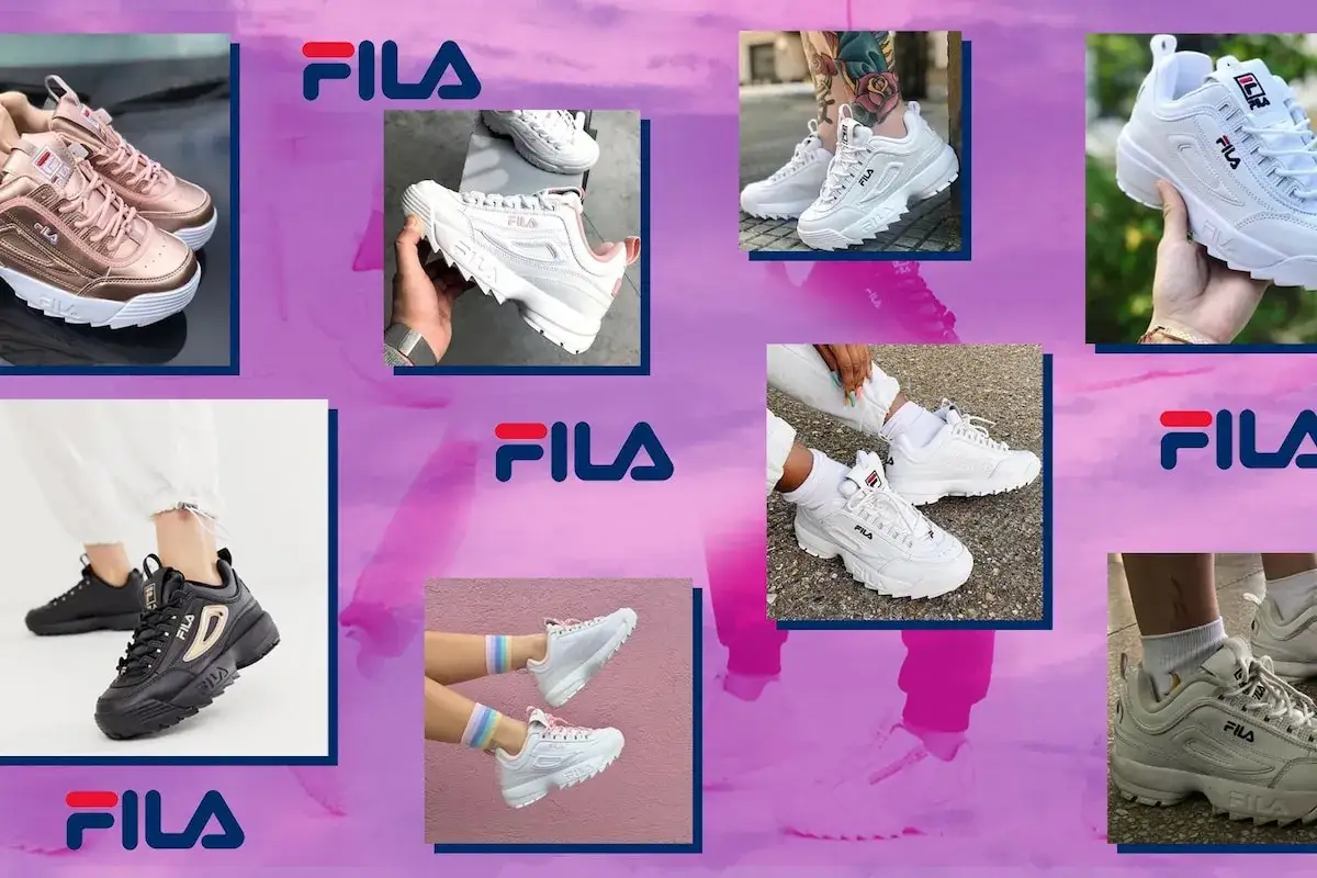 Kolekcja butów Fila, znanej firmy sportowej, prezentuje stylowe sneakersy w różnych kolorach i fasonach.