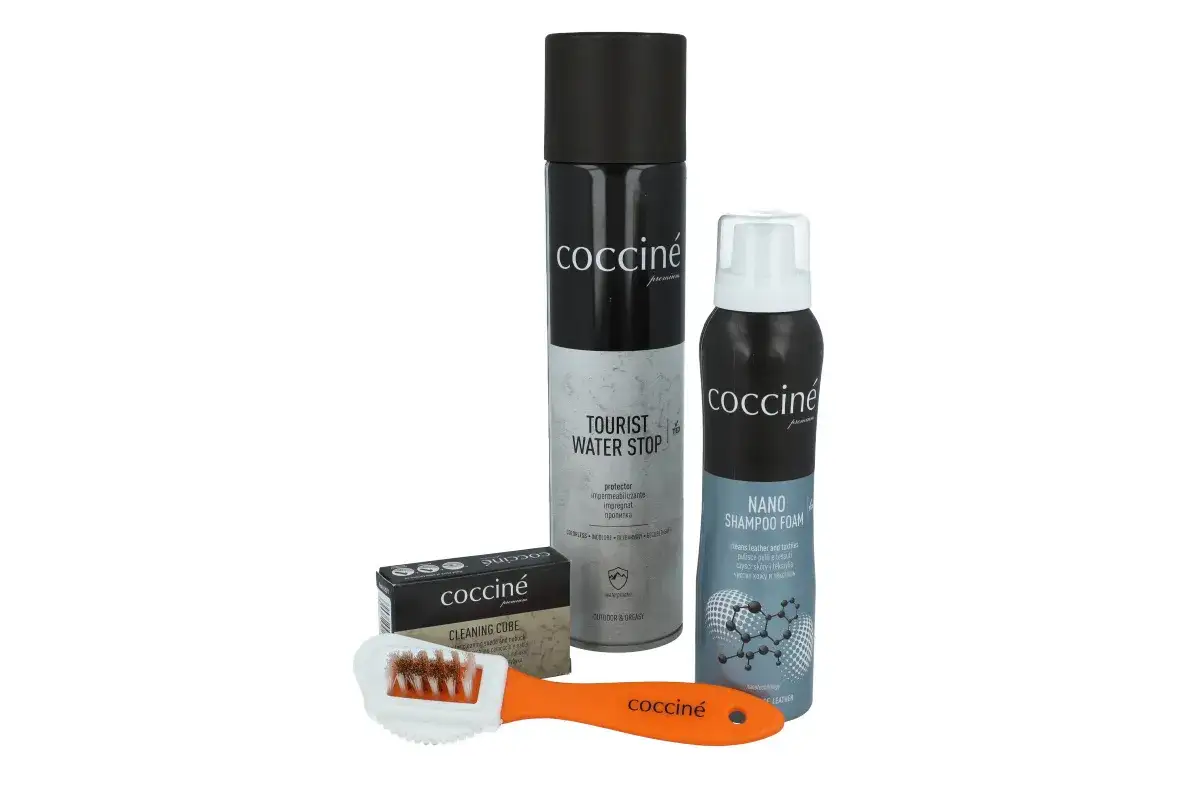 Zestaw Coccine: spray do nubuku, pianka do czyszczenia i szczotka. Idealny do pielęgnacji obuwia.