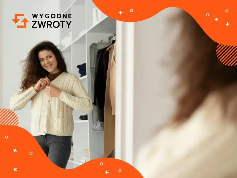 Kobieta w swetrze przed szafą. Logo "Wygodne Zwroty" sugeruje, że to firma oferująca łatwe zwroty zakupów.
