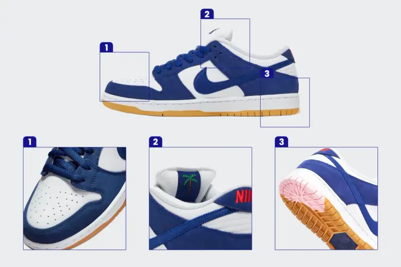 Szczegółowe zbliżenia na niebiesko-białe buty Nike Dunk SB. Zobacz, jak sprawdzić czy buty Nike są oryginalne, analizując detale: perforacje, haftowaną palmę i podeszwę.